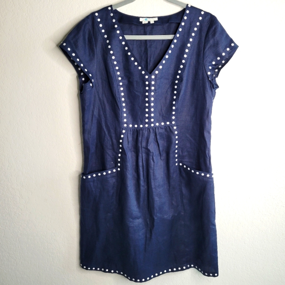 Boden linen dress dark navy blue with two front pockets zips on the side 10